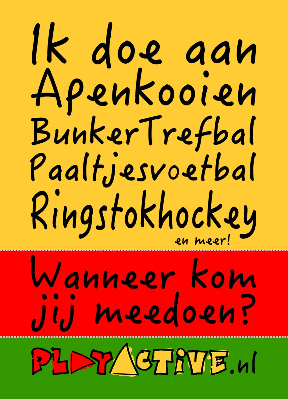 Poster: Ik doe aan Apenkooien, BunkerTrefbal, Paaltjesvoetbal, Ringstokhockey en meer! Wanneer kom jij meedoen? playactive.nl
